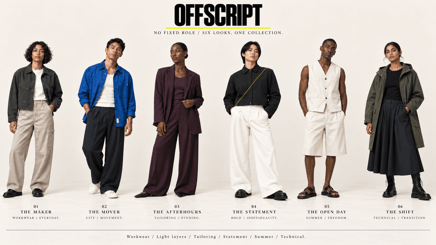 The six OFFSCRIPT collection looks, from charcoal workwear to olive outerwear