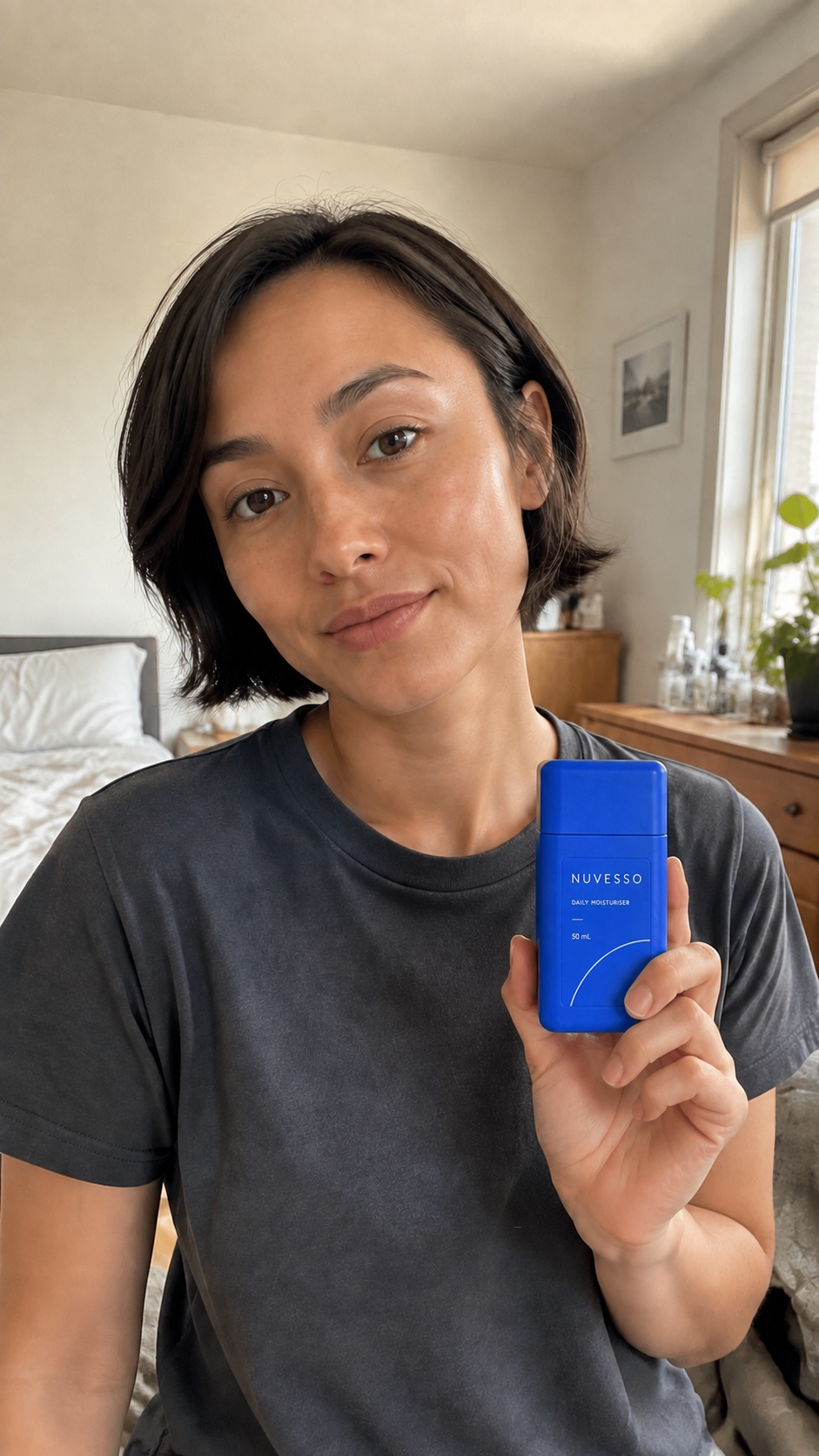 Fictional short-haired creator holding a NUVESSO bottle in a casual bedroom setting