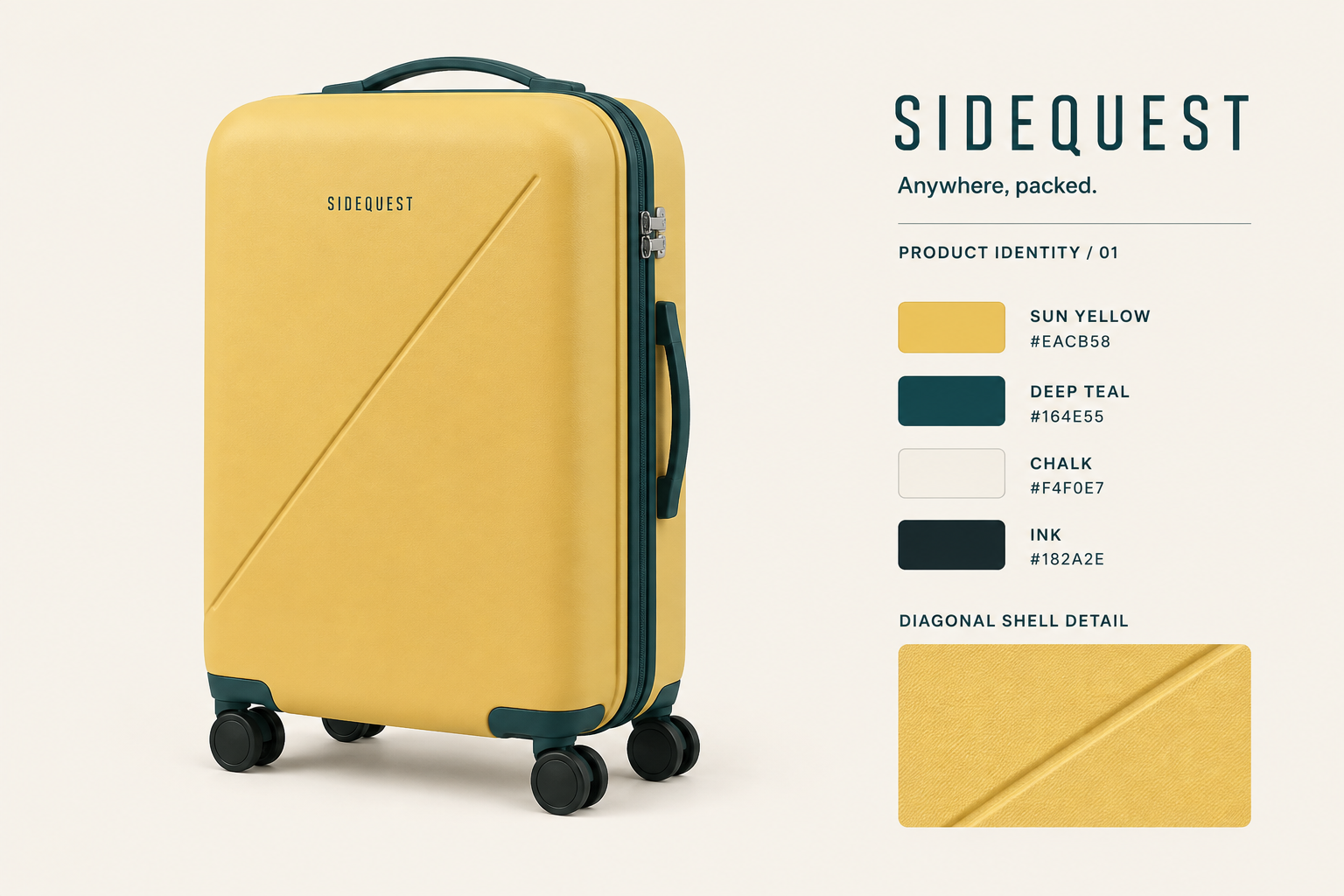 SIDEQUEST visual identity board with yellow suitcase and palette