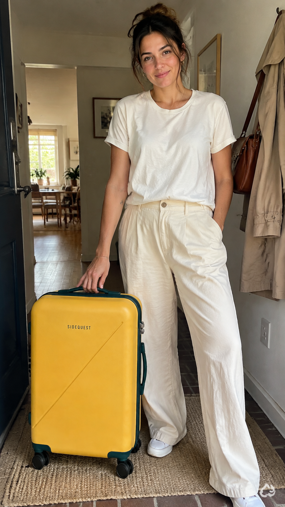 Fictional female creator at her doorway with SIDEQUEST luggage