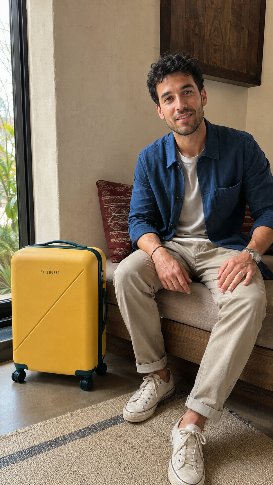 Fictional male creator seated in a boutique hotel beside SIDEQUEST luggage