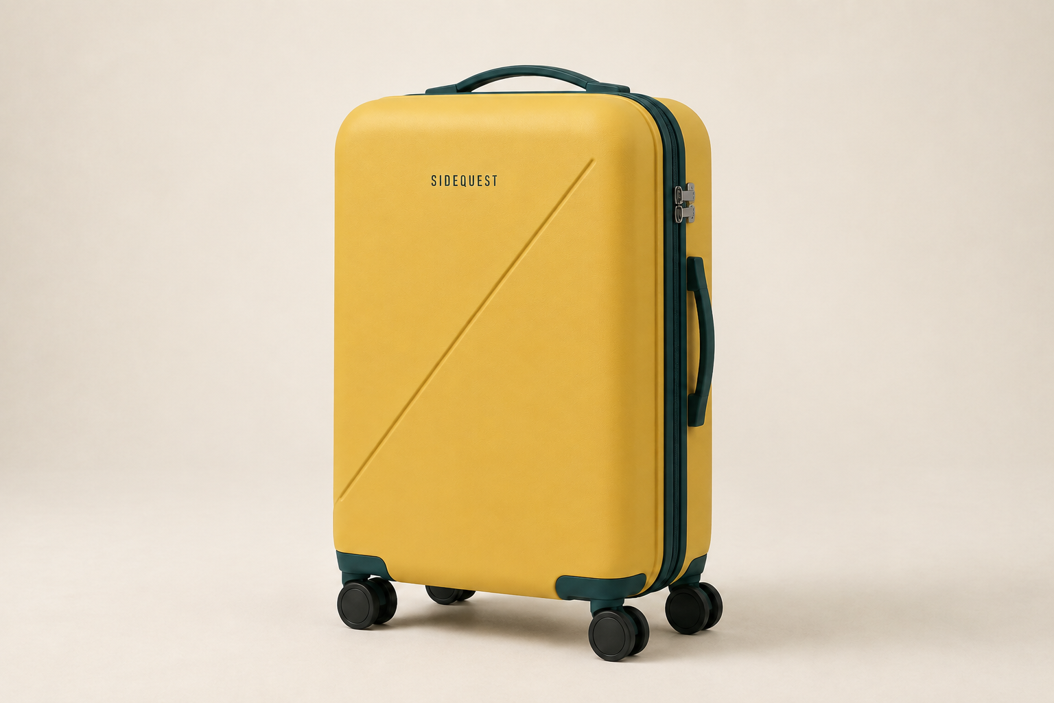 Full yellow SIDEQUEST suitcase in a clean chalk studio