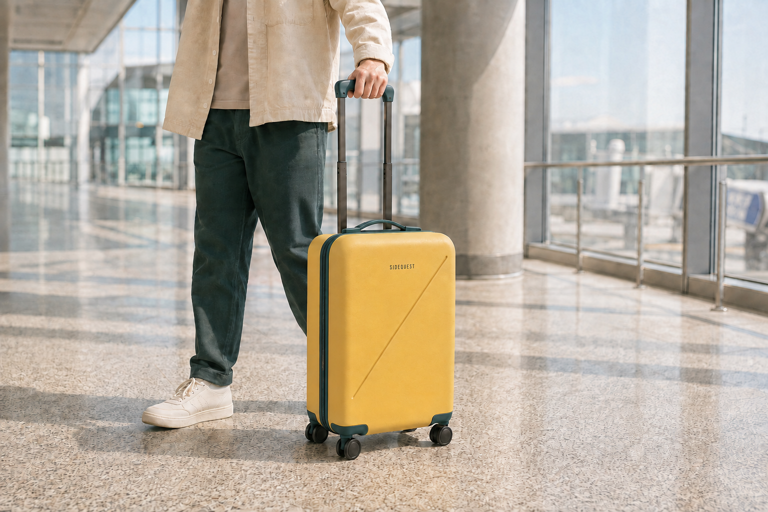 SIDEQUEST luggage beside a traveler in a daylight airport terminal